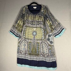 MSSP Max Studio Boho Shift Dress Size M Blue Green Geometric Print Pleated Trim